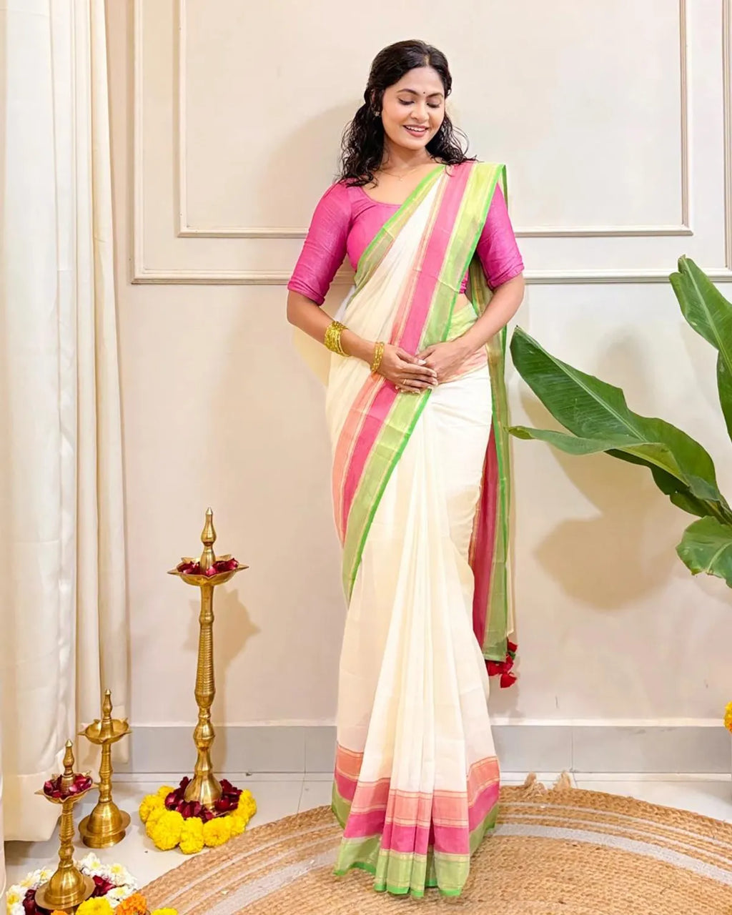 Cream Mul Cotton Striped Saree