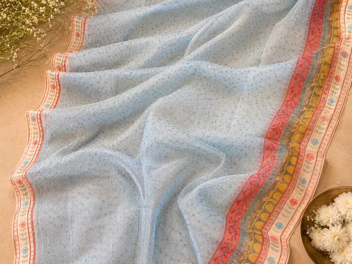 Blue Kota Doria Saree with Stitched Blouse