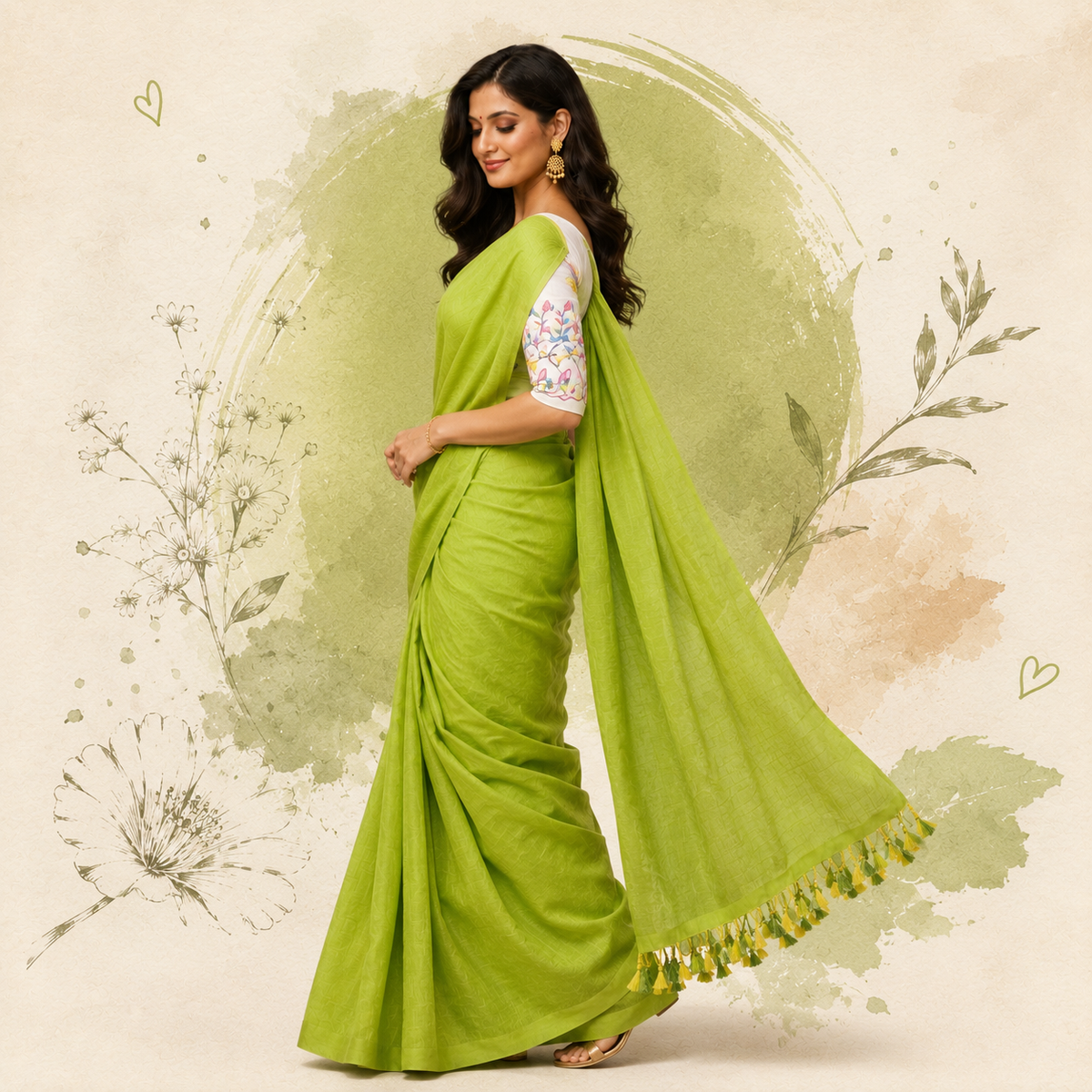 Green Khadi Cotton Embroidered Saree With Stitched Blouse