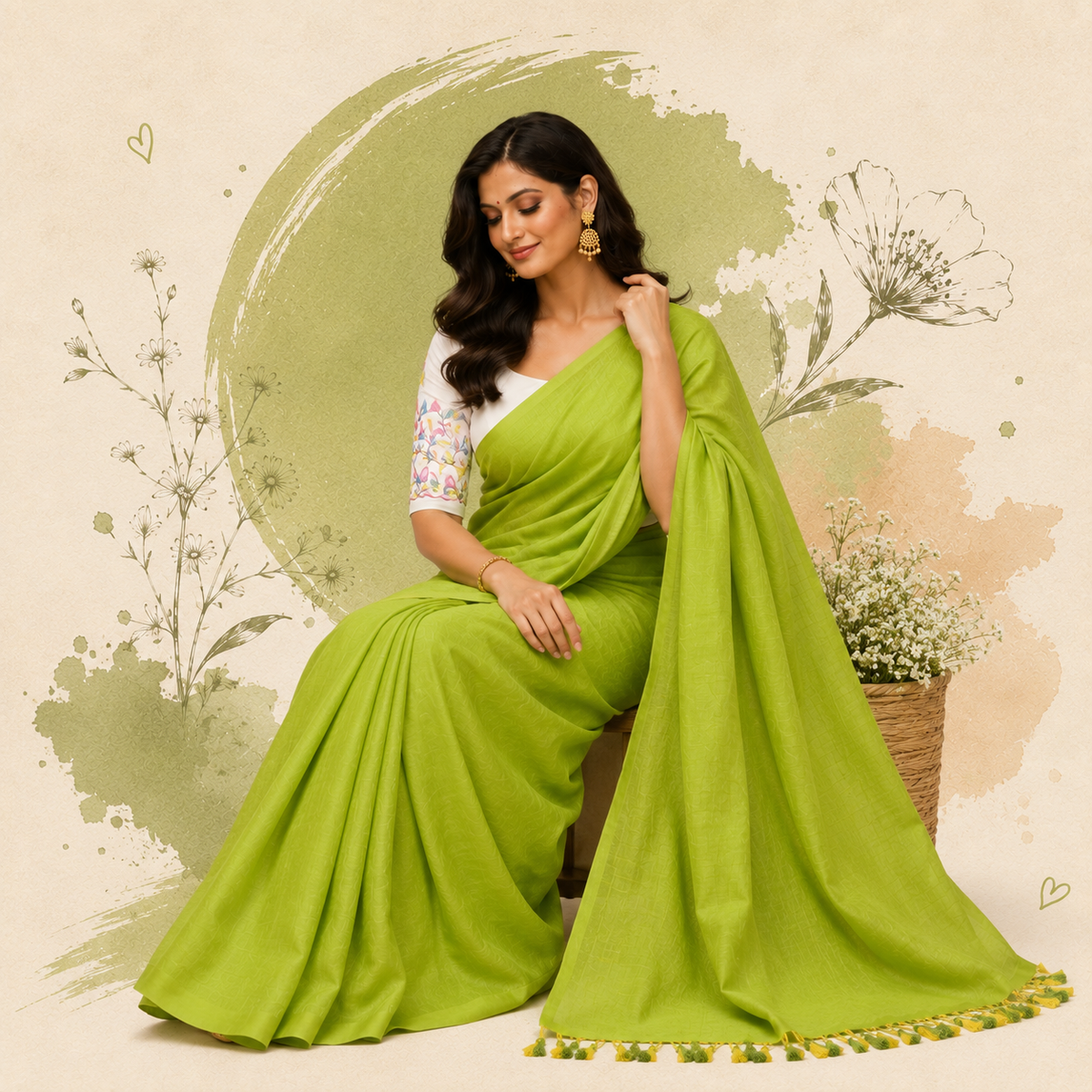 Green Khadi Cotton Embroidered Saree With Stitched Blouse