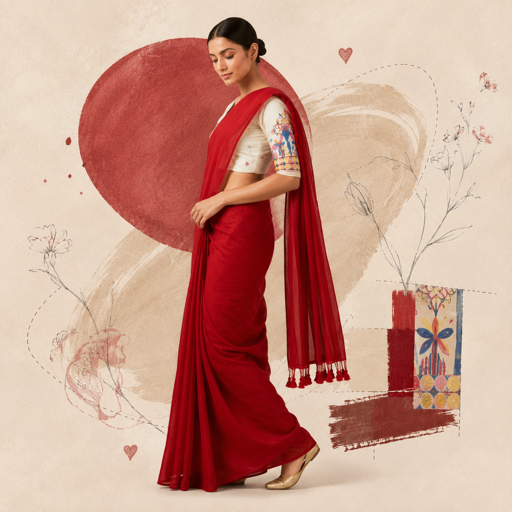 Red Khadi Cotton Embroidered Saree With Stitched Blouse