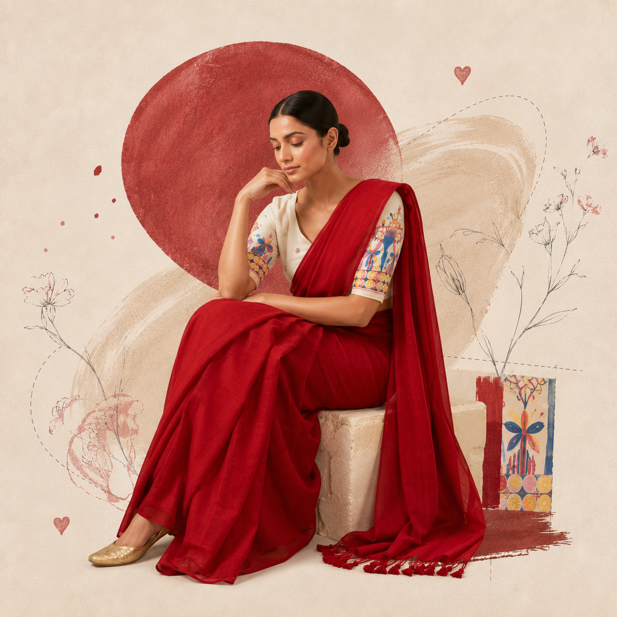 Red Khadi Cotton Embroidered Saree With Stitched Blouse