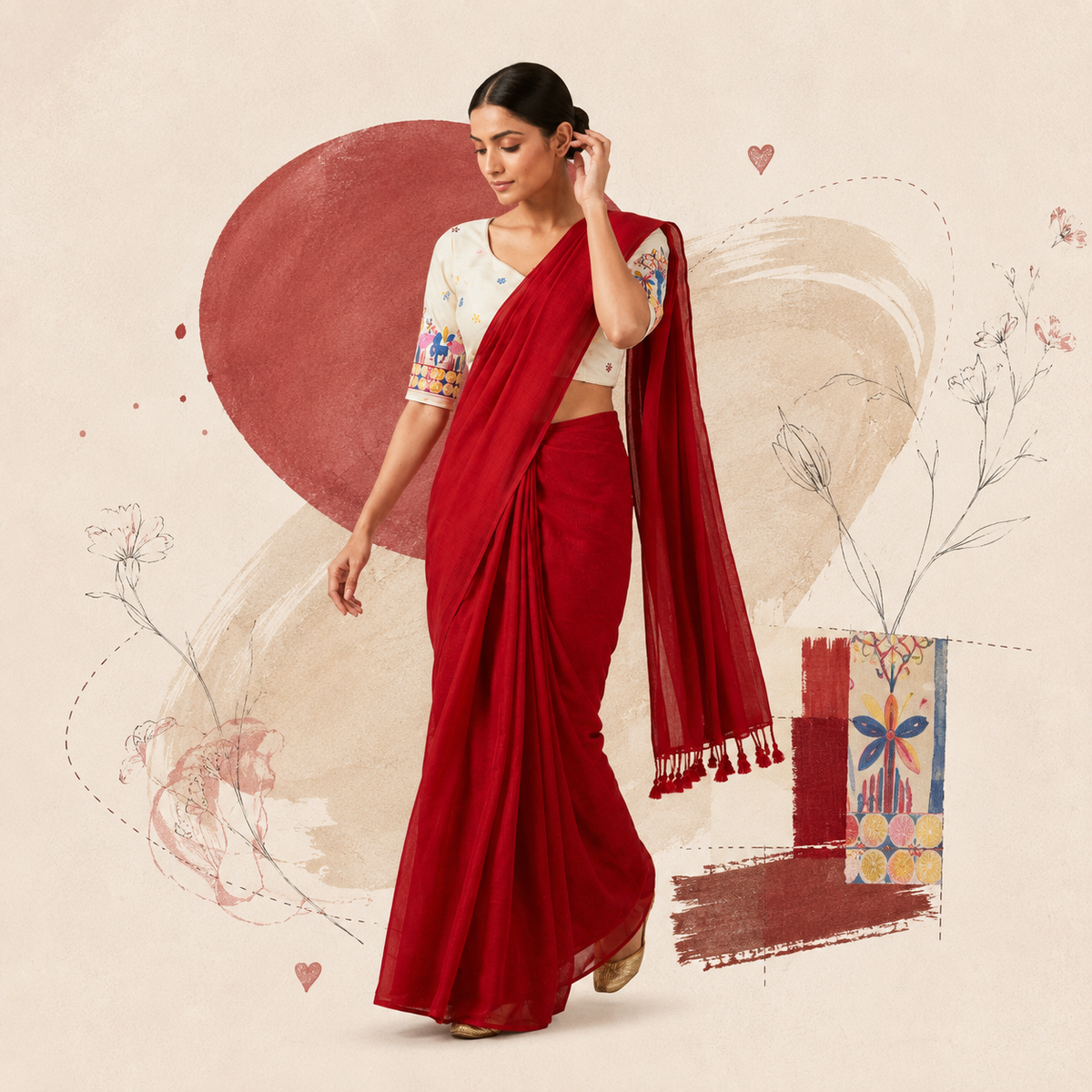 Red Khadi Cotton Embroidered Saree With Stitched Blouse