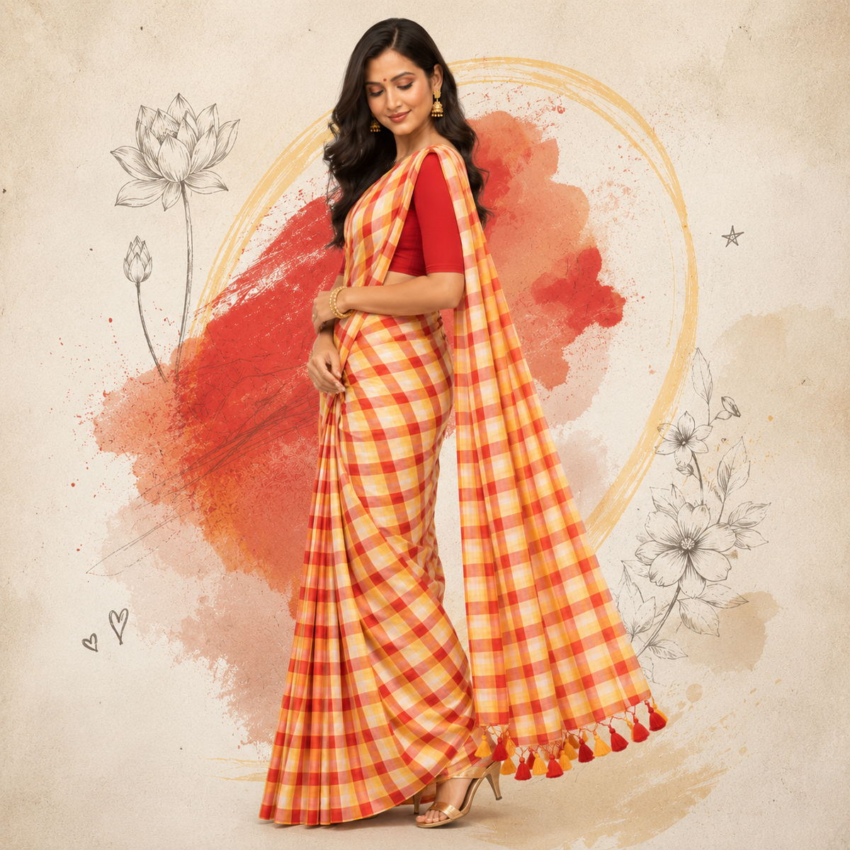 Red Multicolor Mul Cotton Checkered Saree