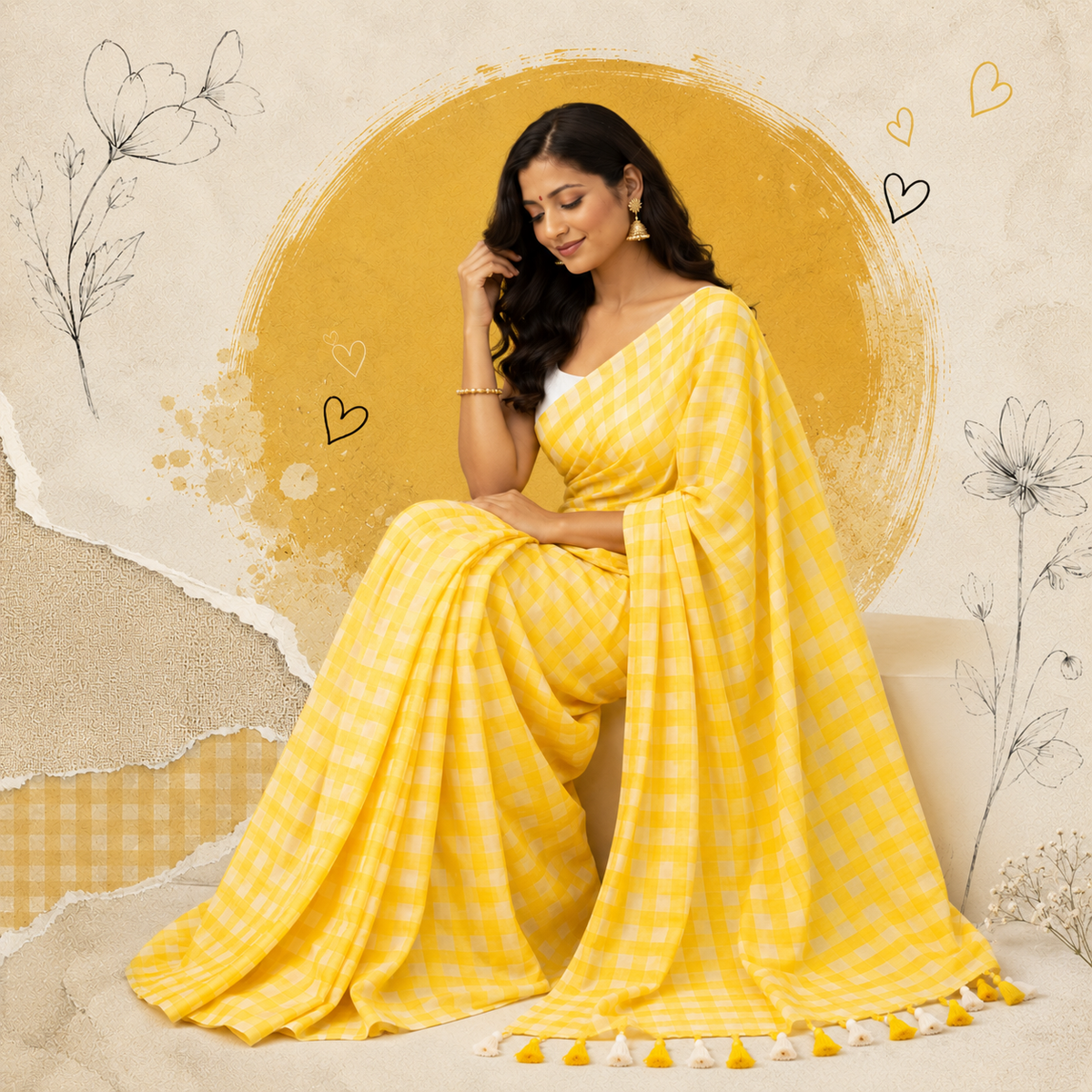 Yellow Mul Cotton Checkered Saree