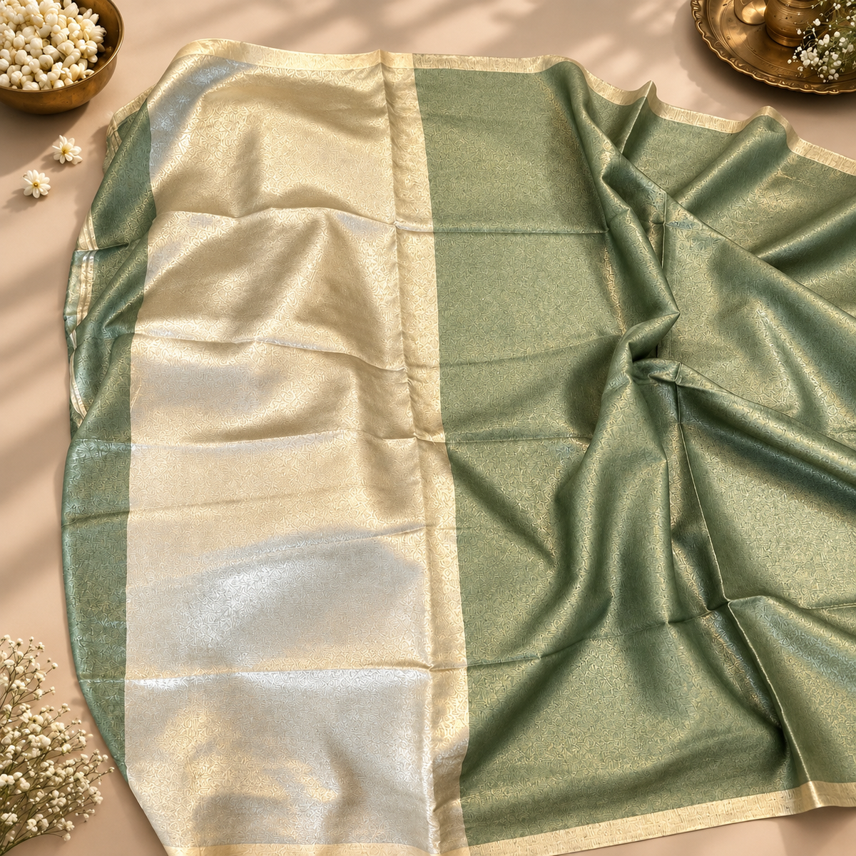 Sage Green Tissue Linen Saree