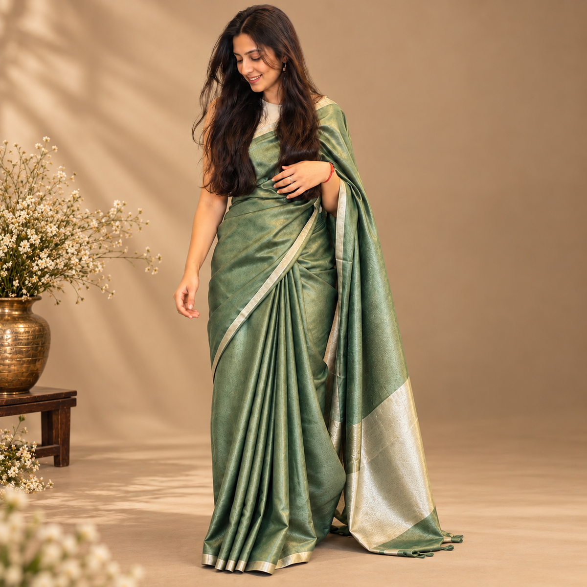 Sage Green Tissue Linen Saree