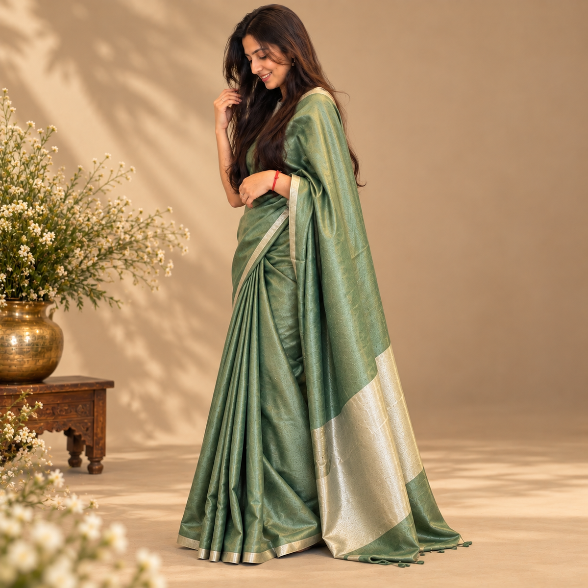 Sage Green Tissue Linen Saree