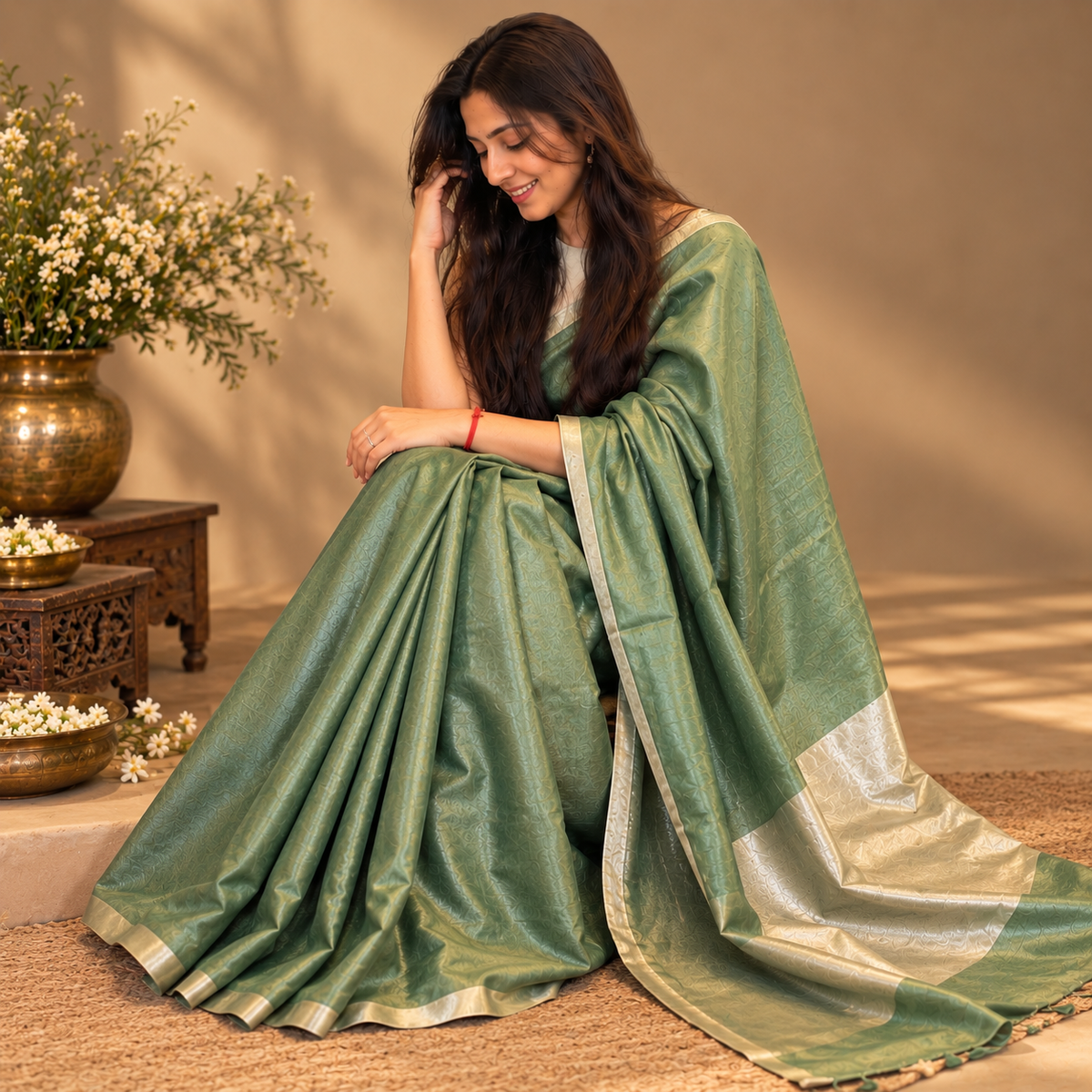 Sage Green Tissue Linen Saree