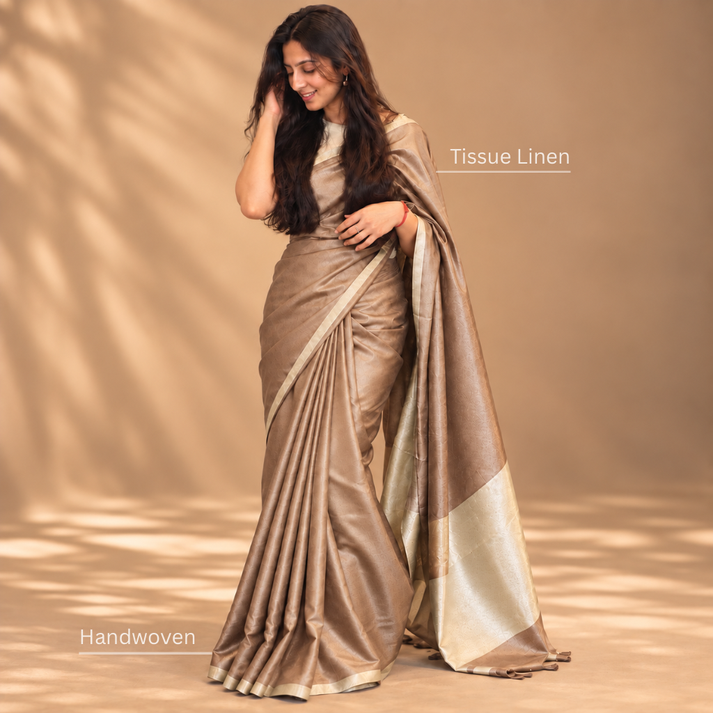 Golden Taupe Tissue Linen Saree