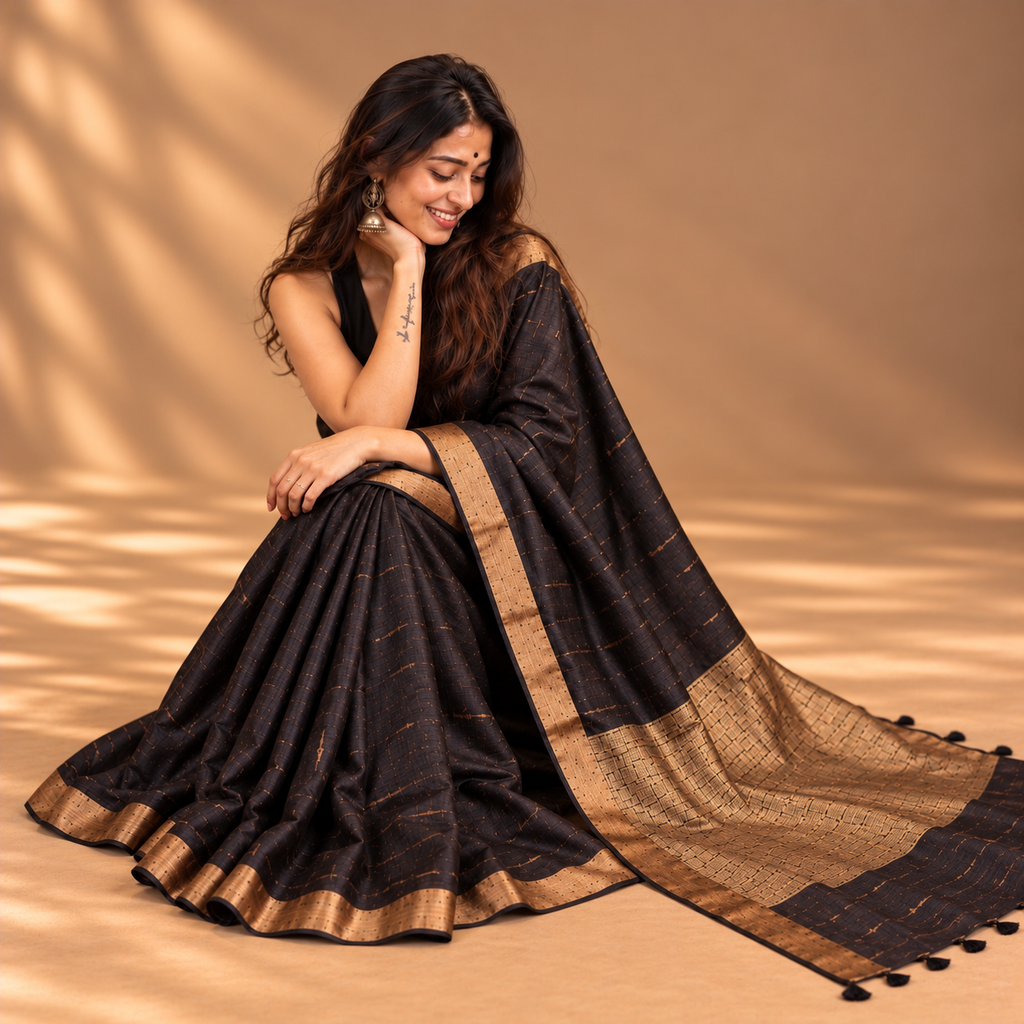 Black Tussar Silk Saree
