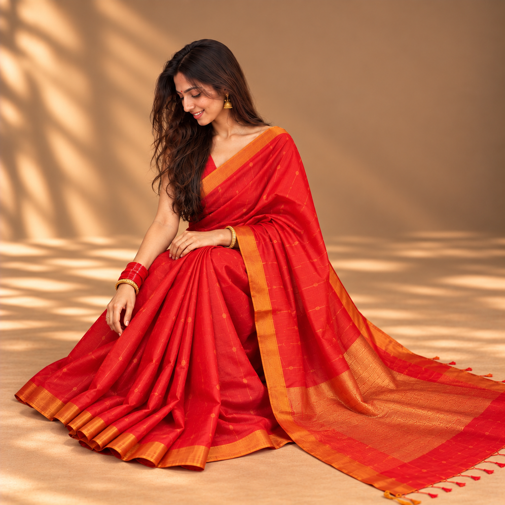 Red Tussar Silk Saree