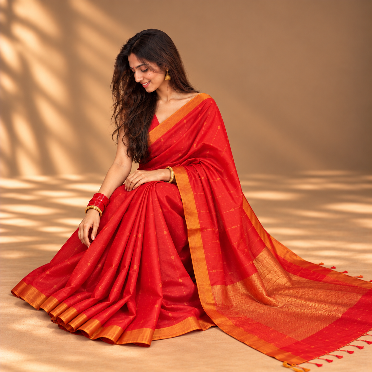 Red Tussar Silk Saree