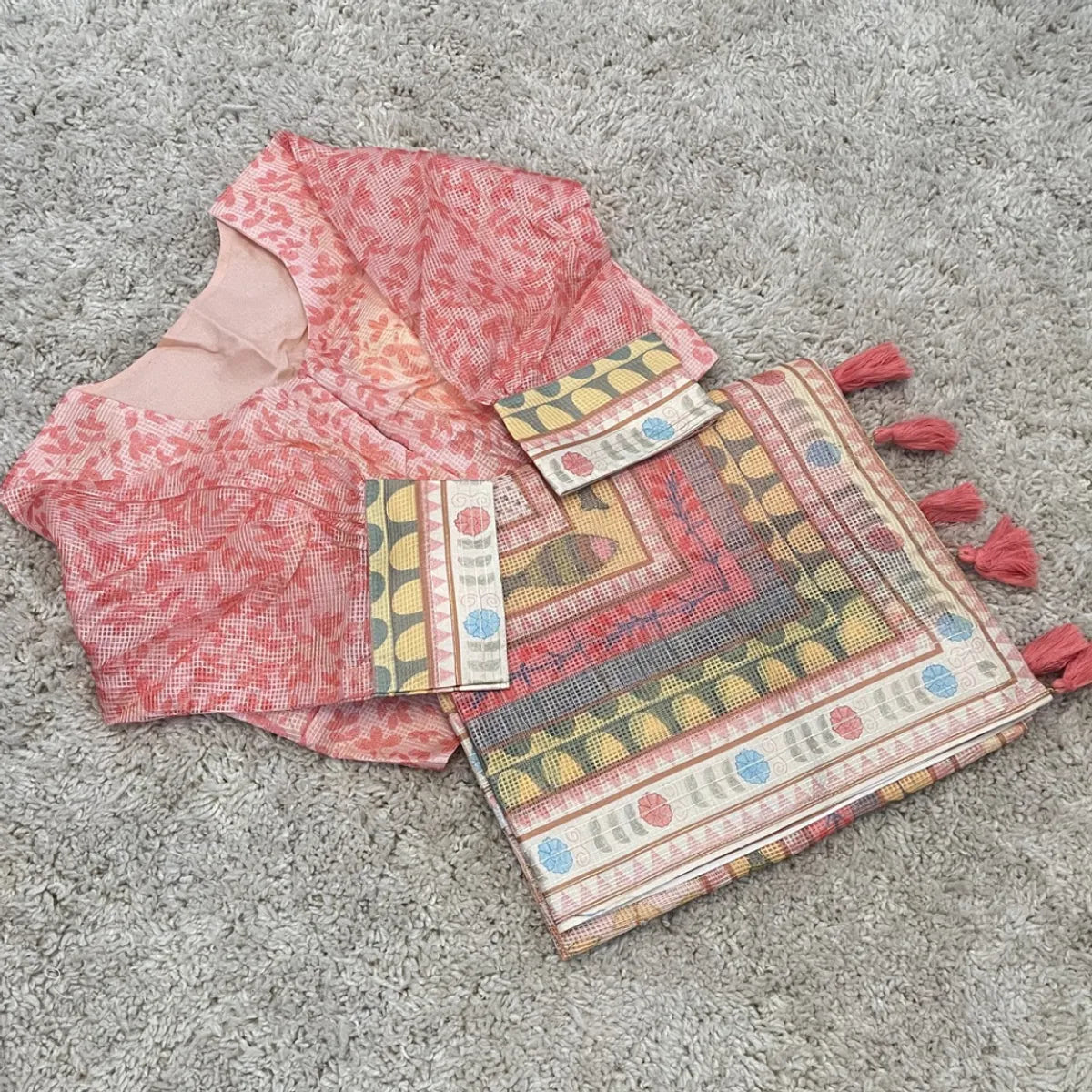 Pink Kota Doria Embroidered Saree With Stitched Blouse