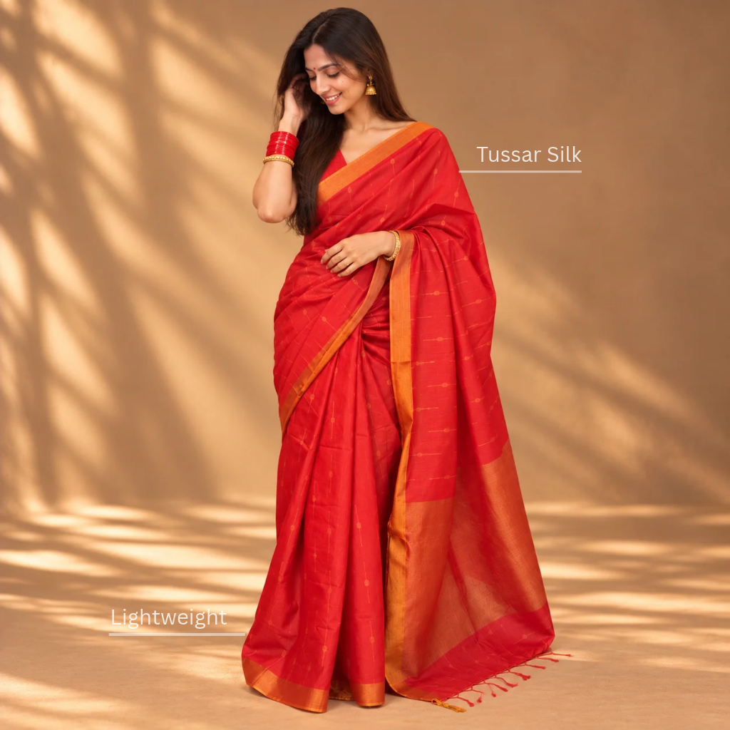 Red Tussar Silk Saree