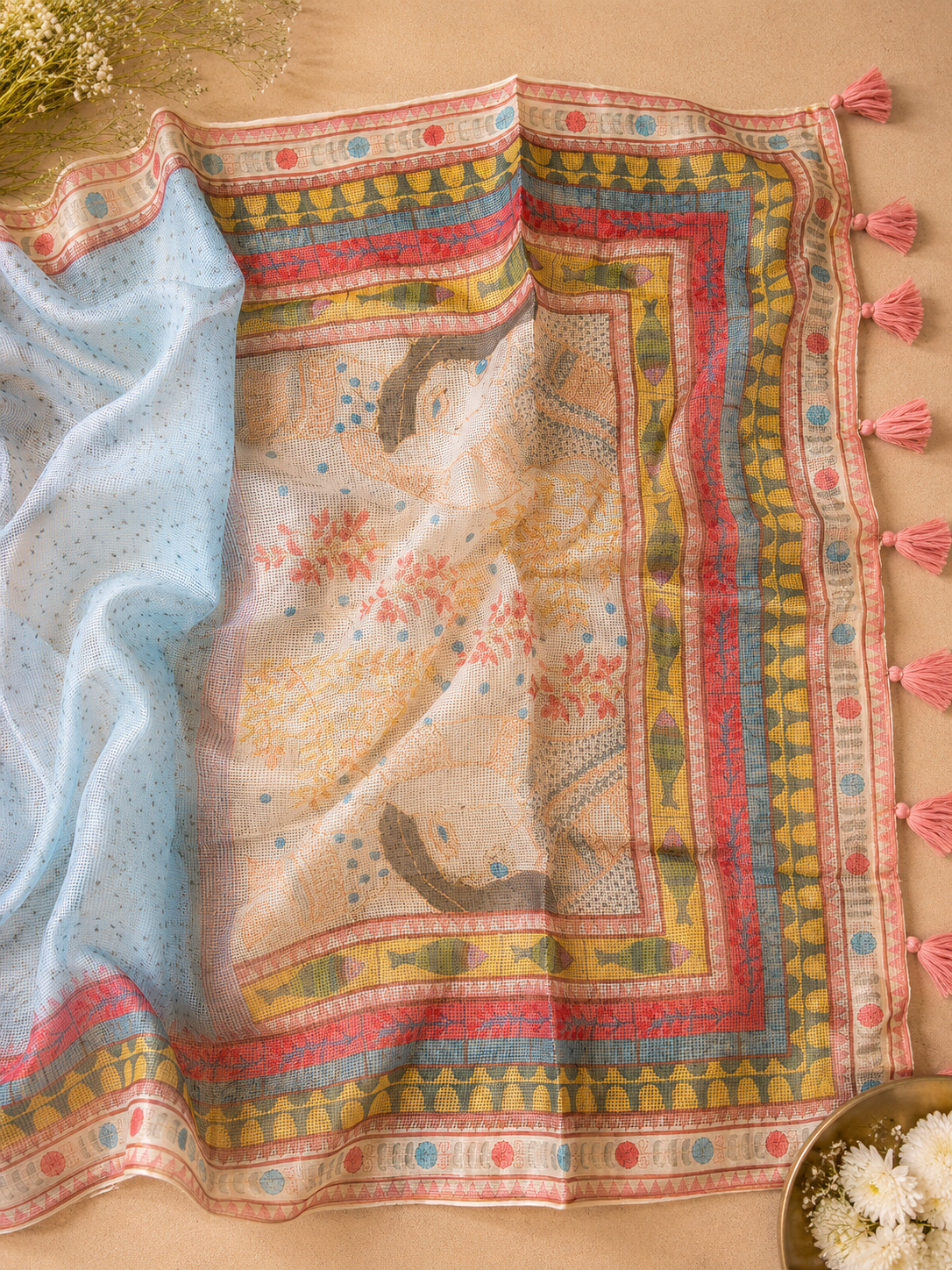 Blue Kota Doria Saree with Stitched Blouse